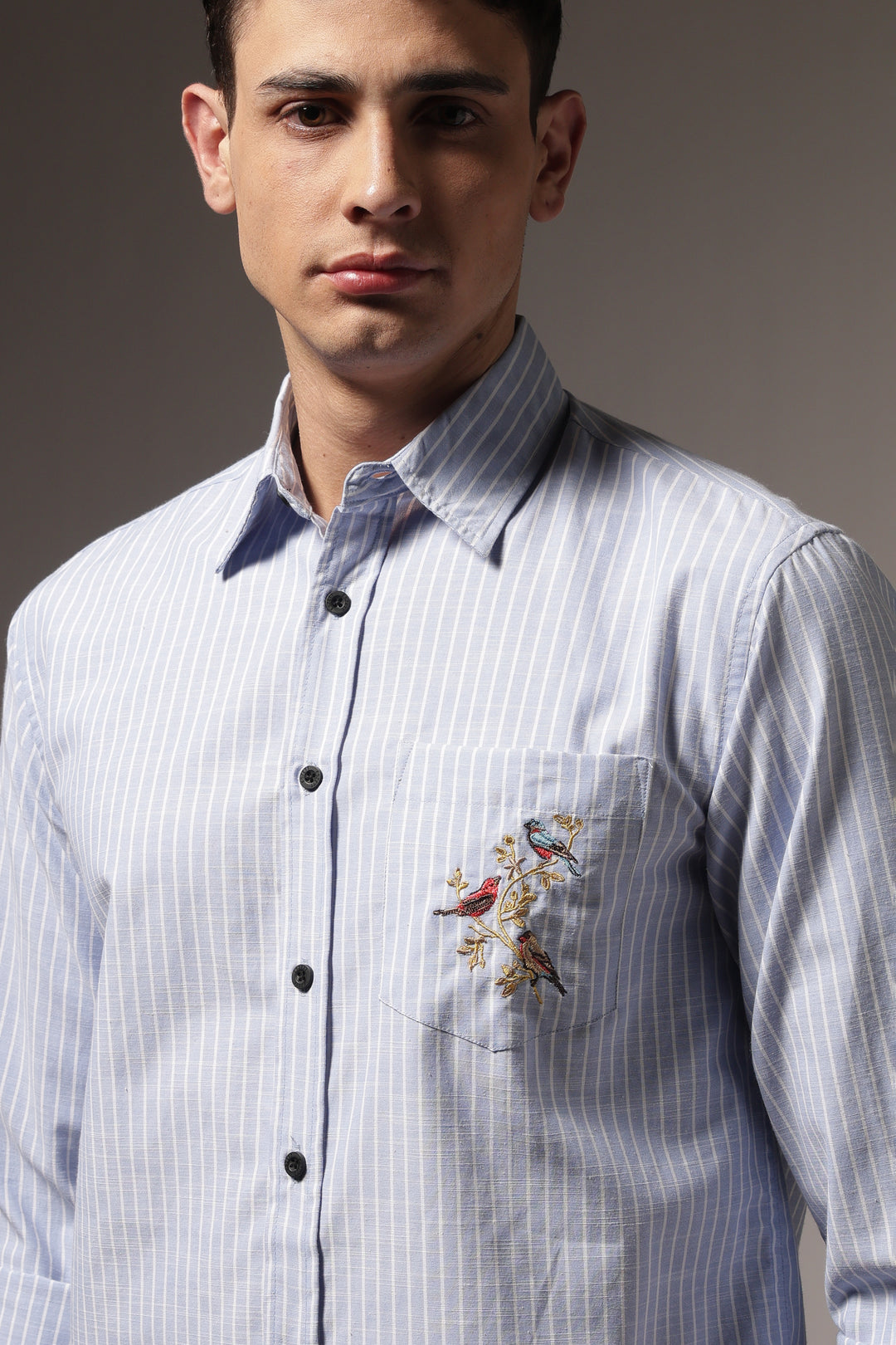 Stripes: Grace Pocket Embroidery Blue Shirt