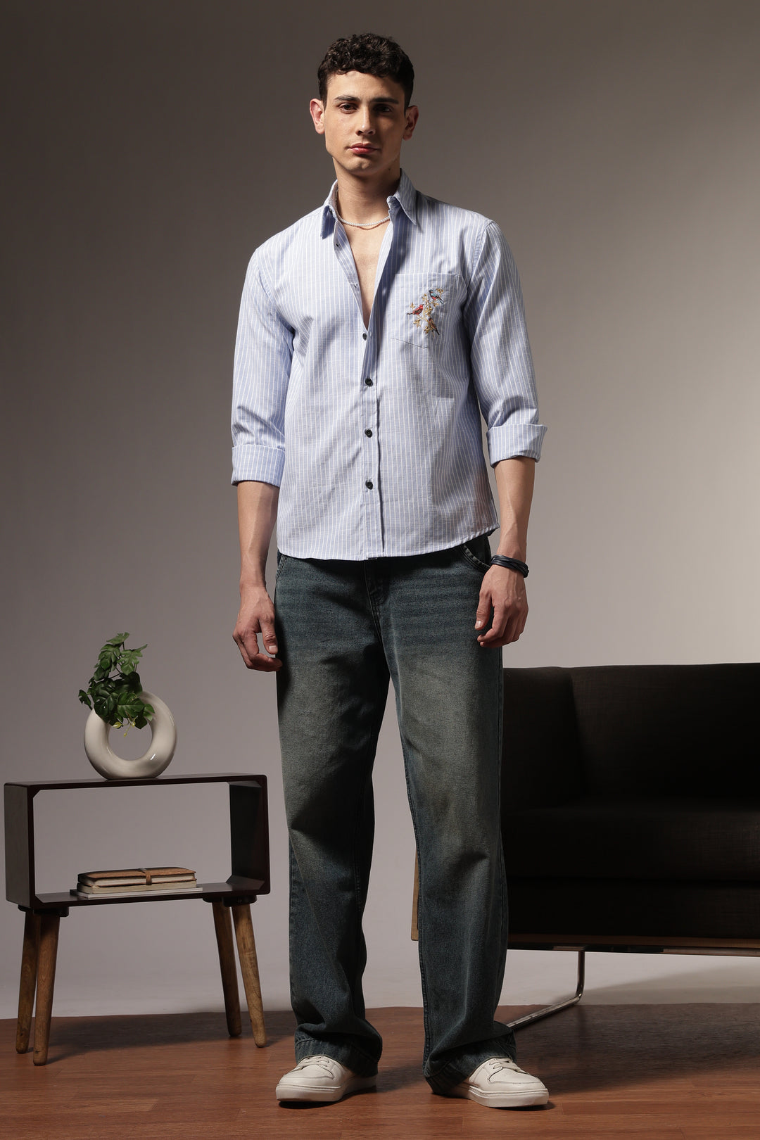 Stripes: Grace Pocket Embroidery Blue Shirt