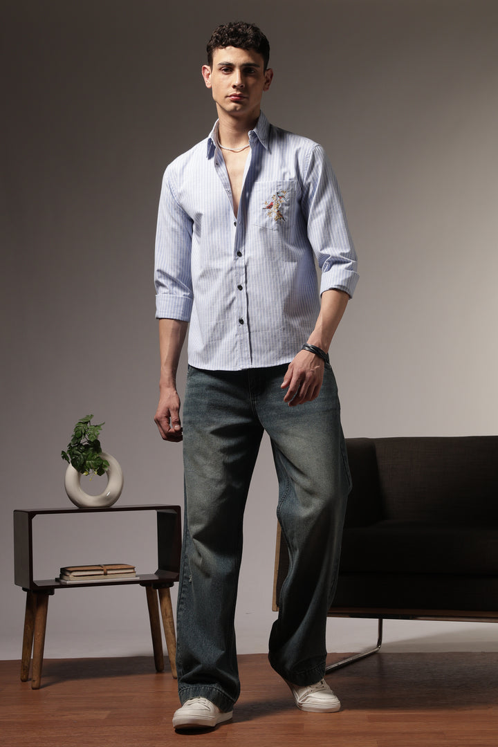 Stripes: Grace Pocket Embroidery Blue Shirt