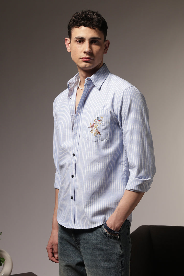 Stripes: Grace Pocket Embroidery Blue Shirt