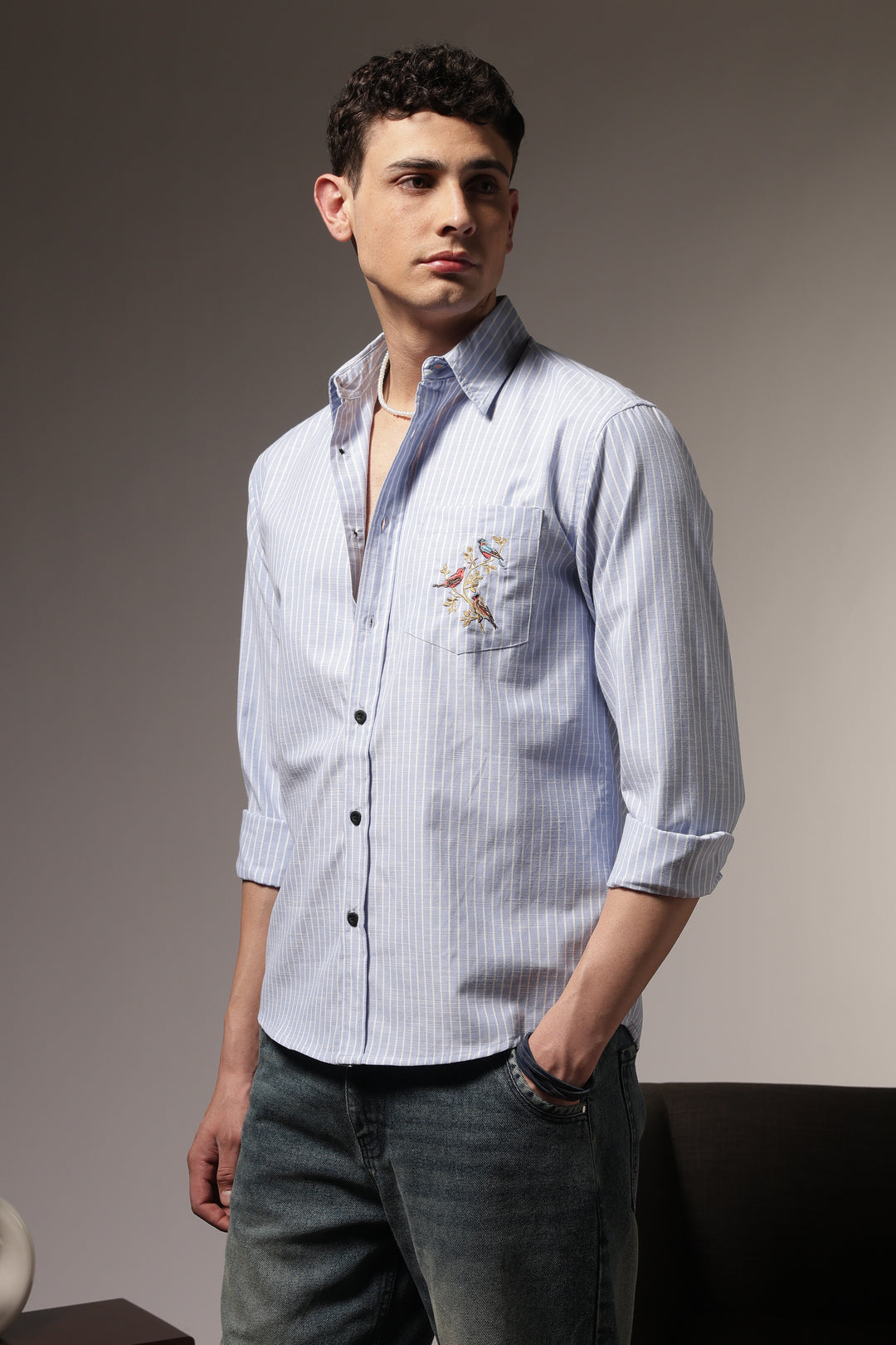 Stripes: Grace Pocket Embroidery Blue Shirt