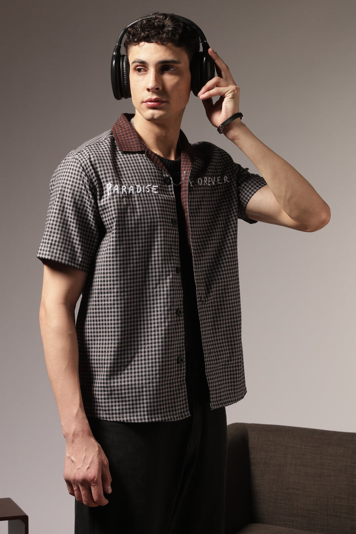 Paradise Forever: Black Checks Embroidery Cuban Shirt