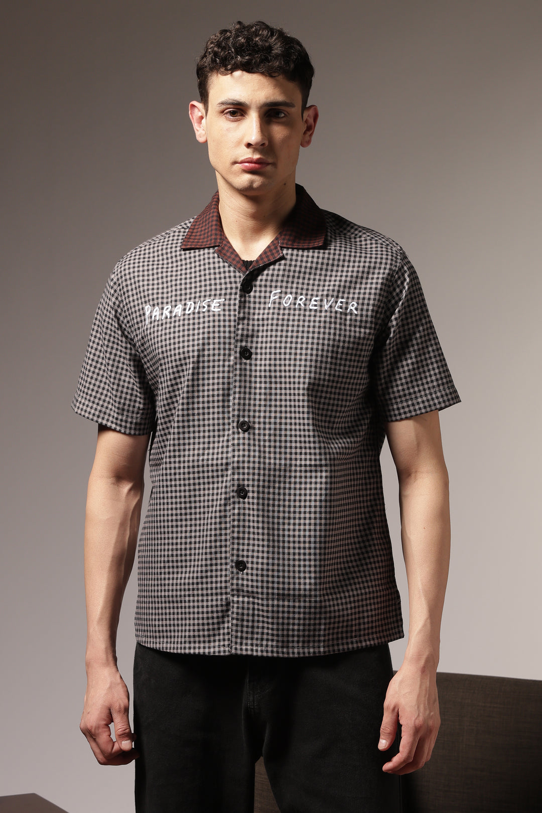 Paradise Forever: Black Checks Embroidery Cuban Shirt