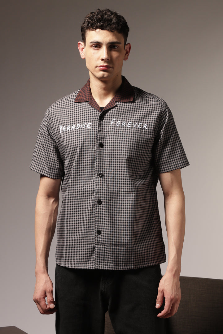 Paradise Forever: Black Checks Embroidery Cuban Shirt