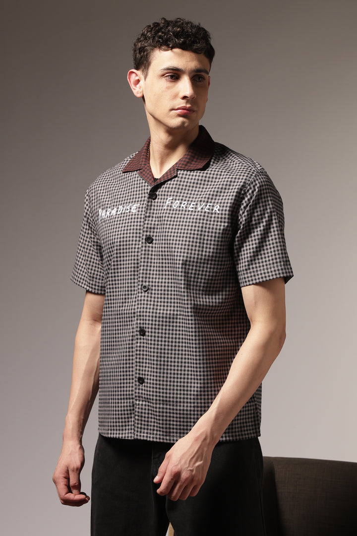 Paradise Forever: Black Checks Embroidery Cuban Shirt