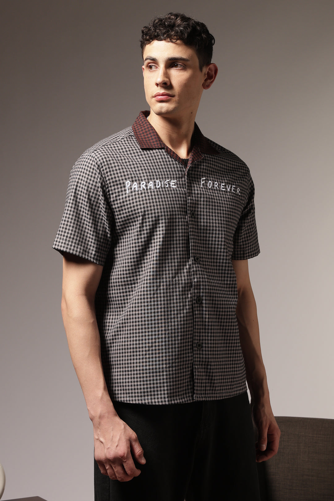 Paradise Forever: Black Checks Embroidery Cuban Shirt