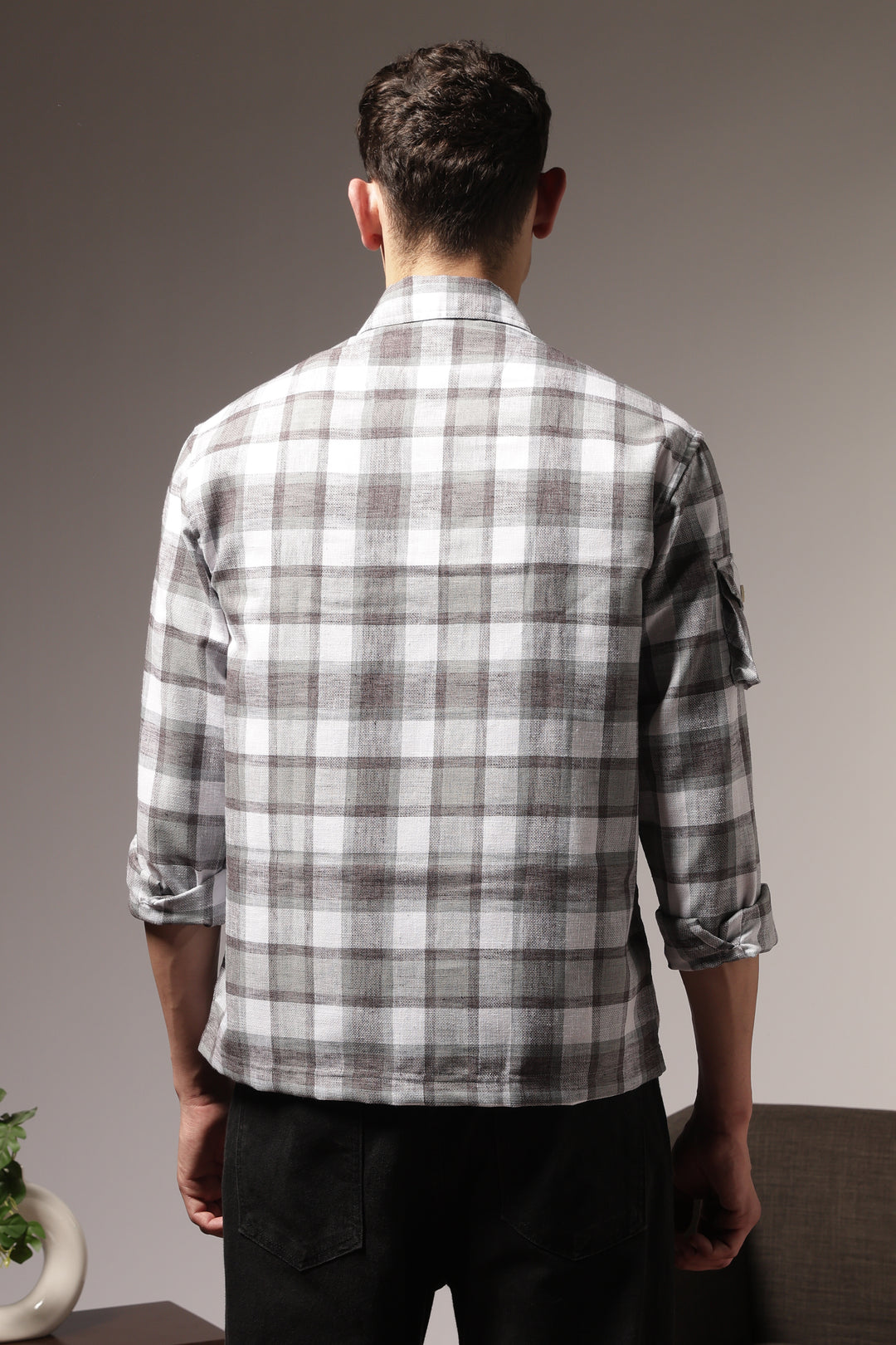 Plaid: Grey Checks Cargo Pocket Shirt