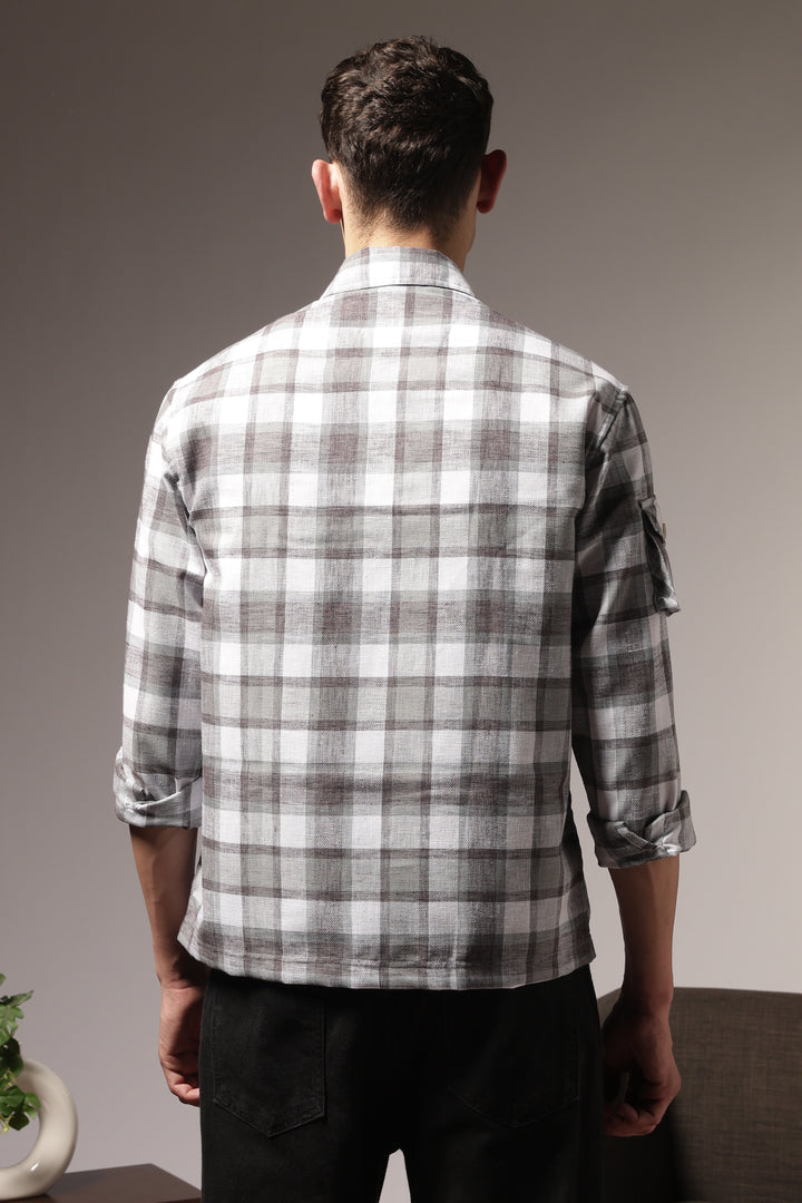 Plaid: Grey Checks Cargo Pocket Shirt
