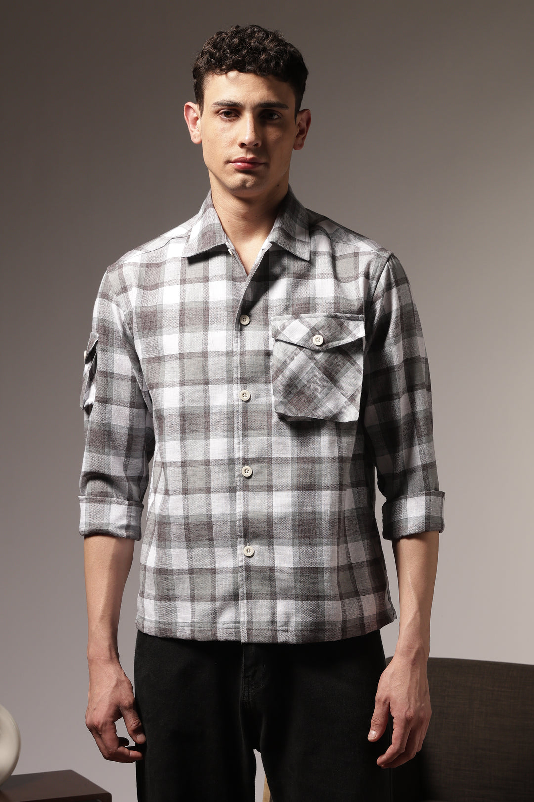 Plaid: Grey Checks Cargo Pocket Shirt