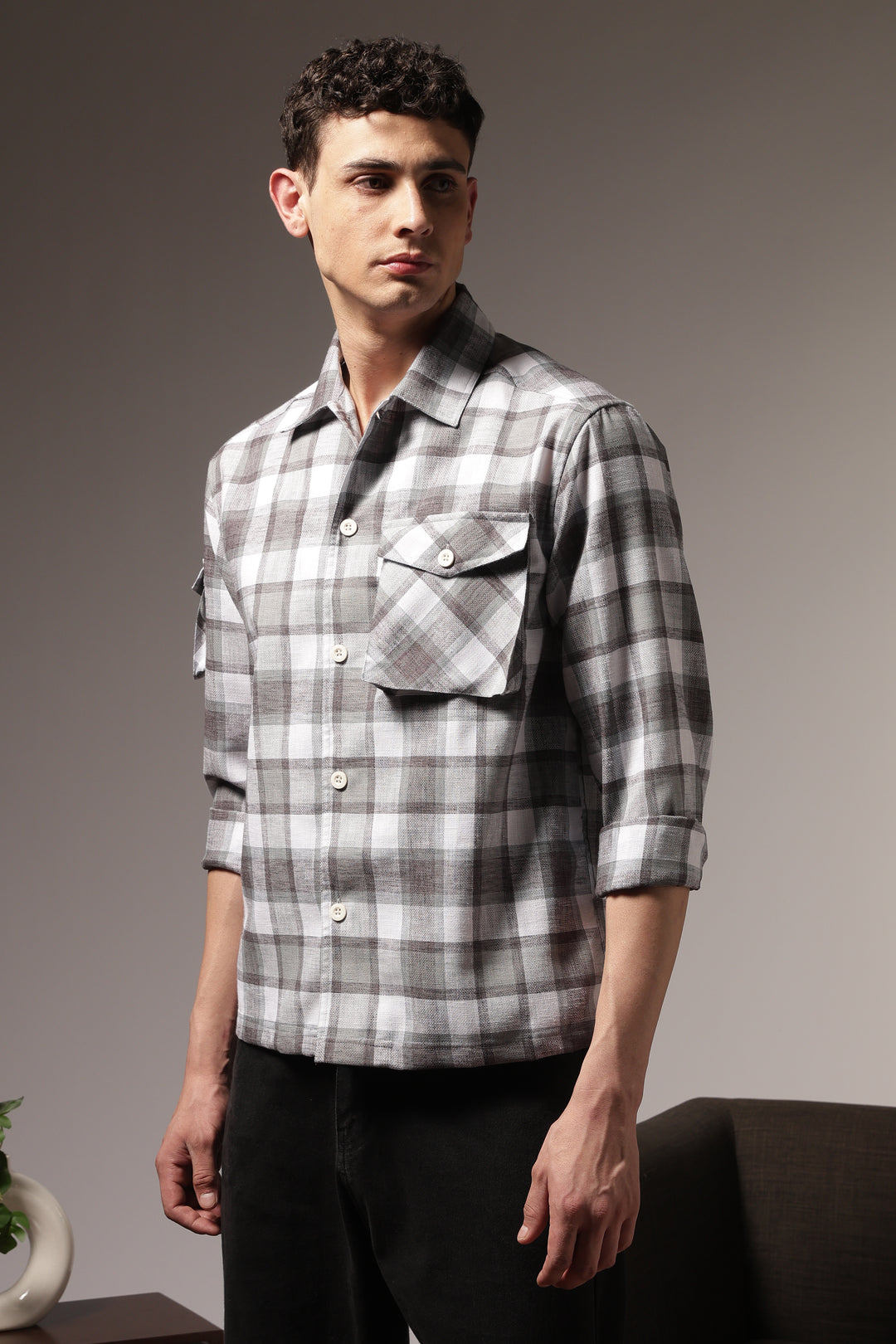 Plaid: Grey Checks Cargo Pocket Shirt