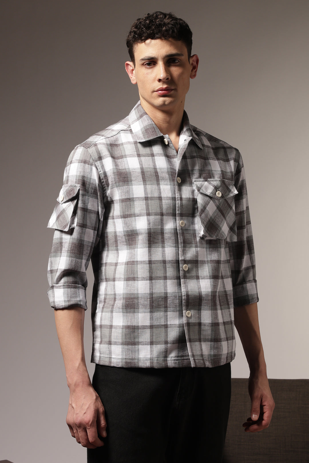 Plaid: Grey Checks Cargo Pocket Shirt