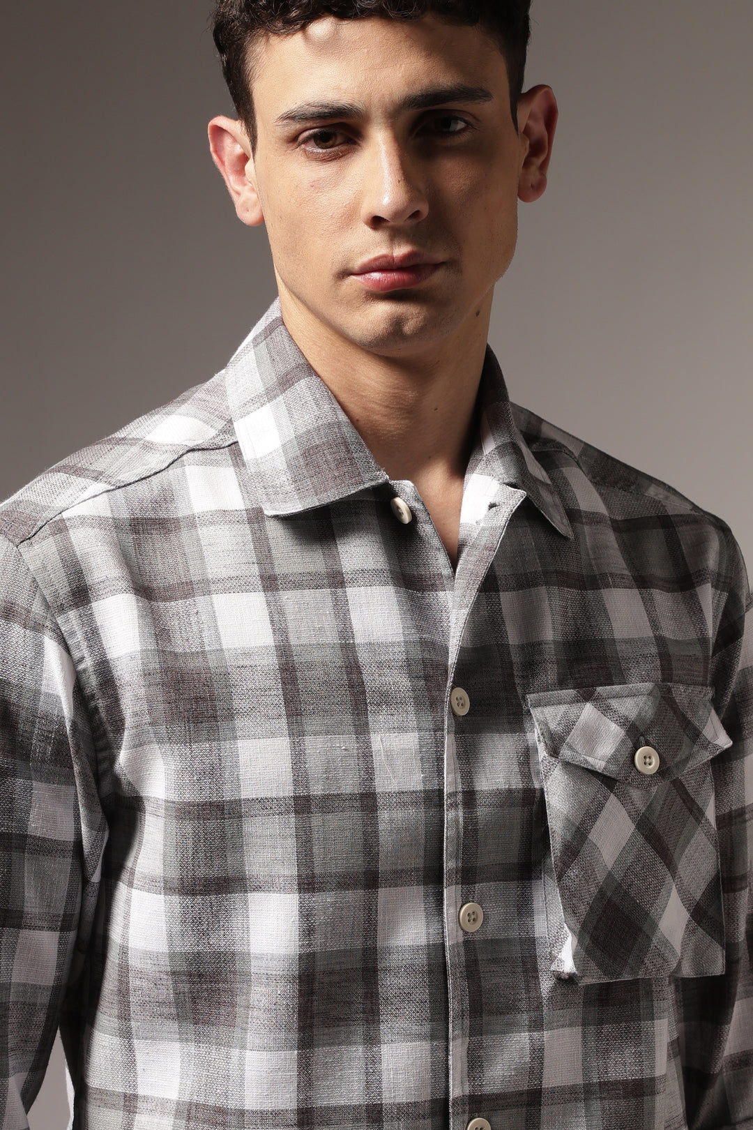Plaid: Grey Checks Cargo Pocket Shirt