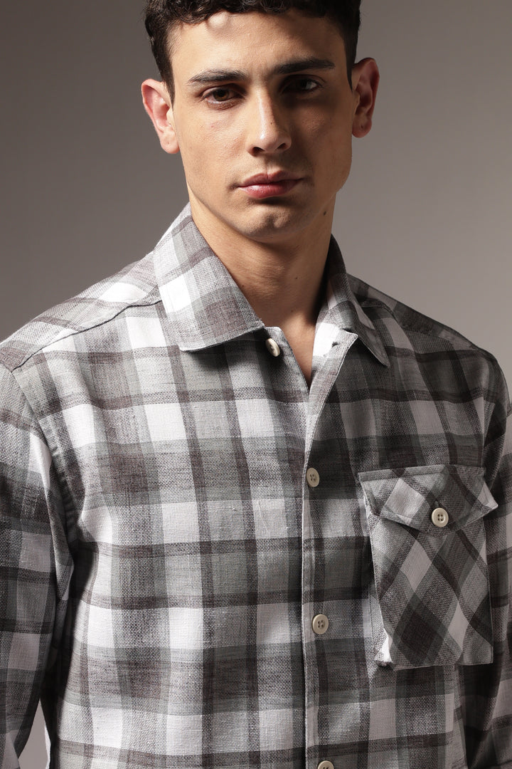 Plaid: Grey Checks Cargo Pocket Shirt