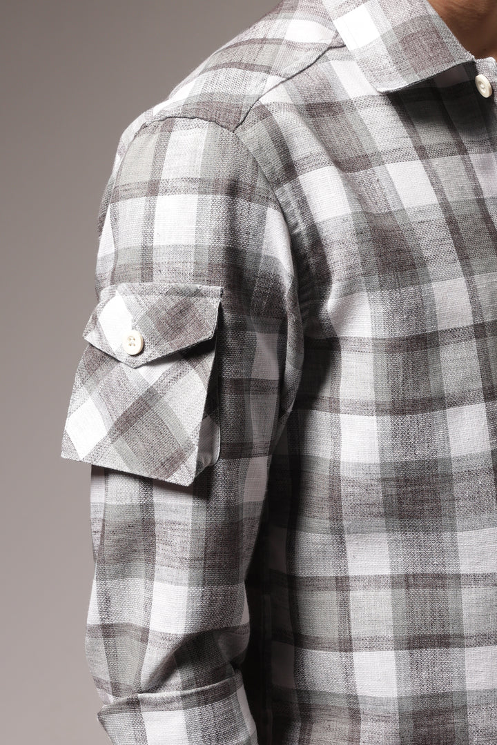 Plaid: Grey Checks Cargo Pocket Shirt