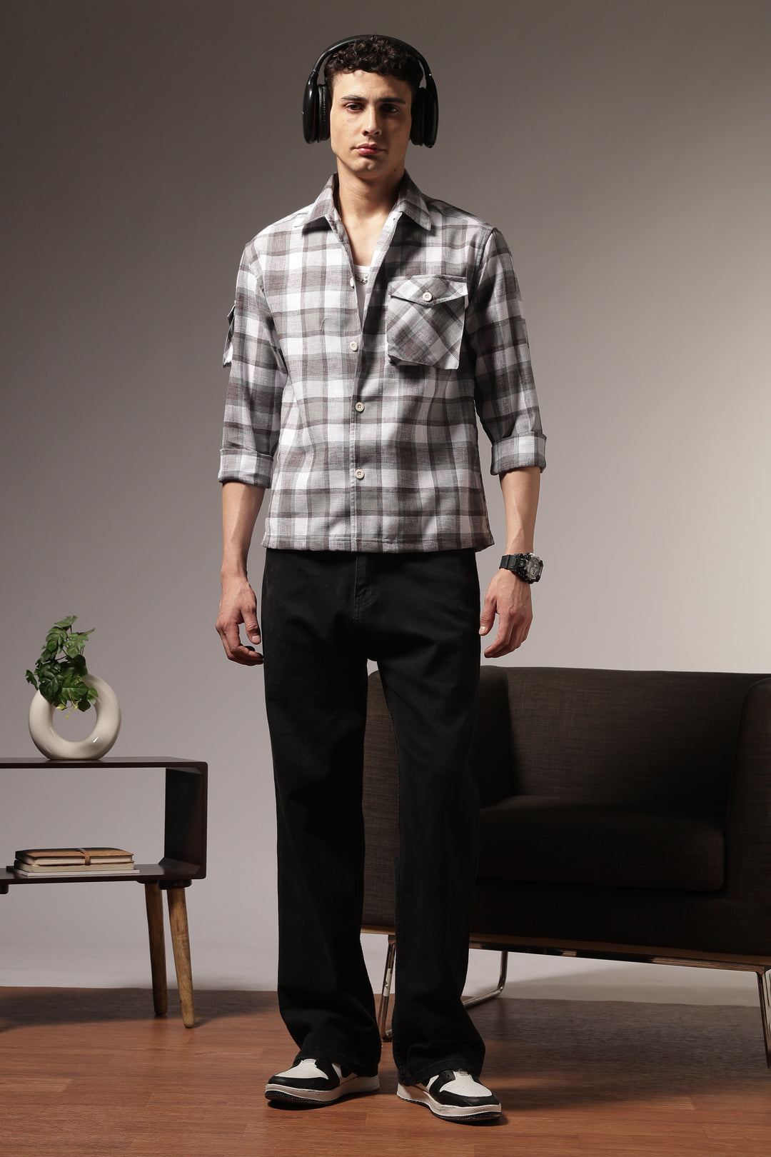 Plaid: Grey Checks Cargo Pocket Shirt