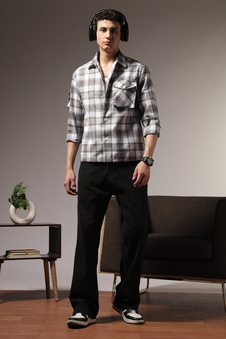 Plaid: Grey Checks Cargo Pocket Shirt