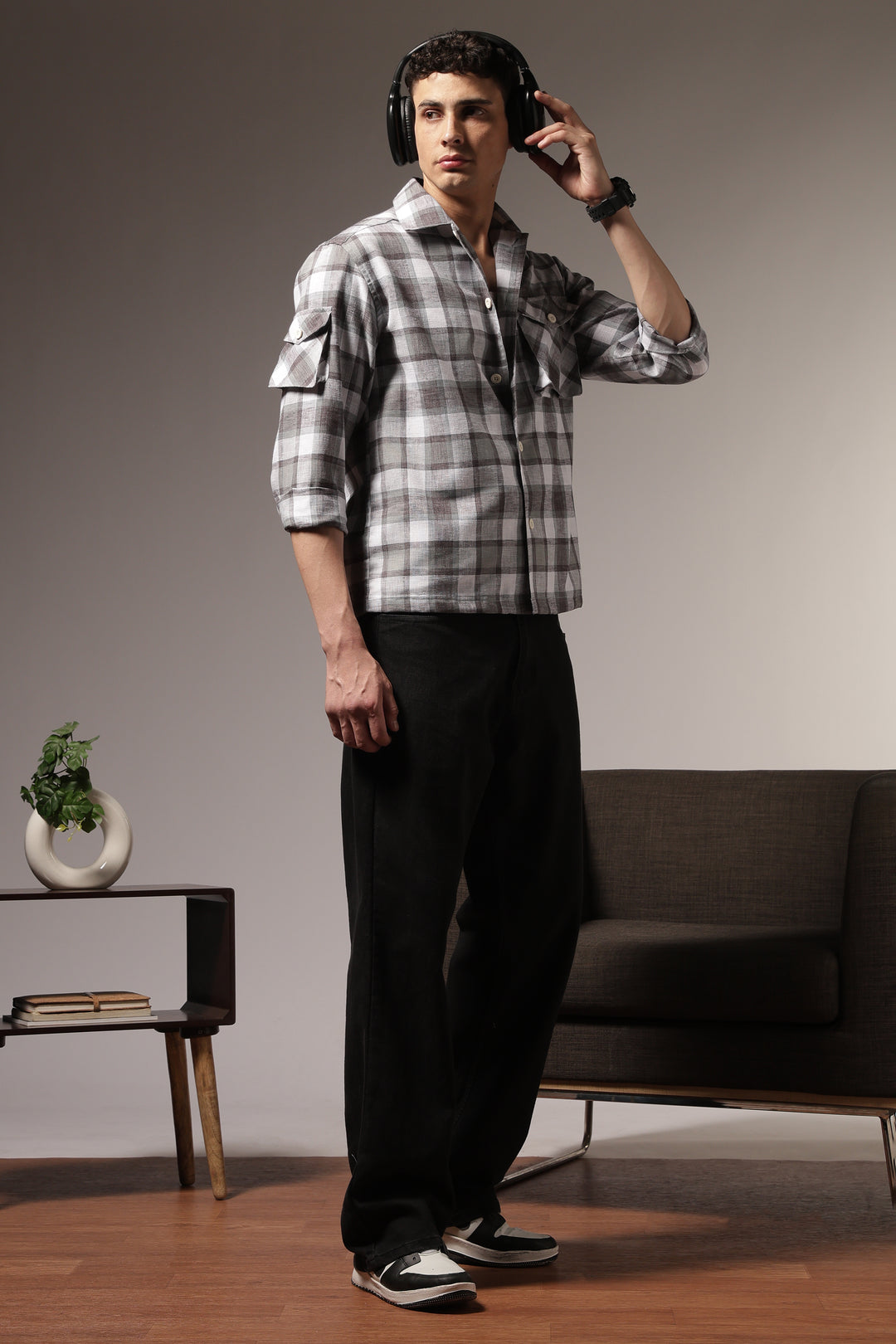 Plaid: Grey Checks Cargo Pocket Shirt