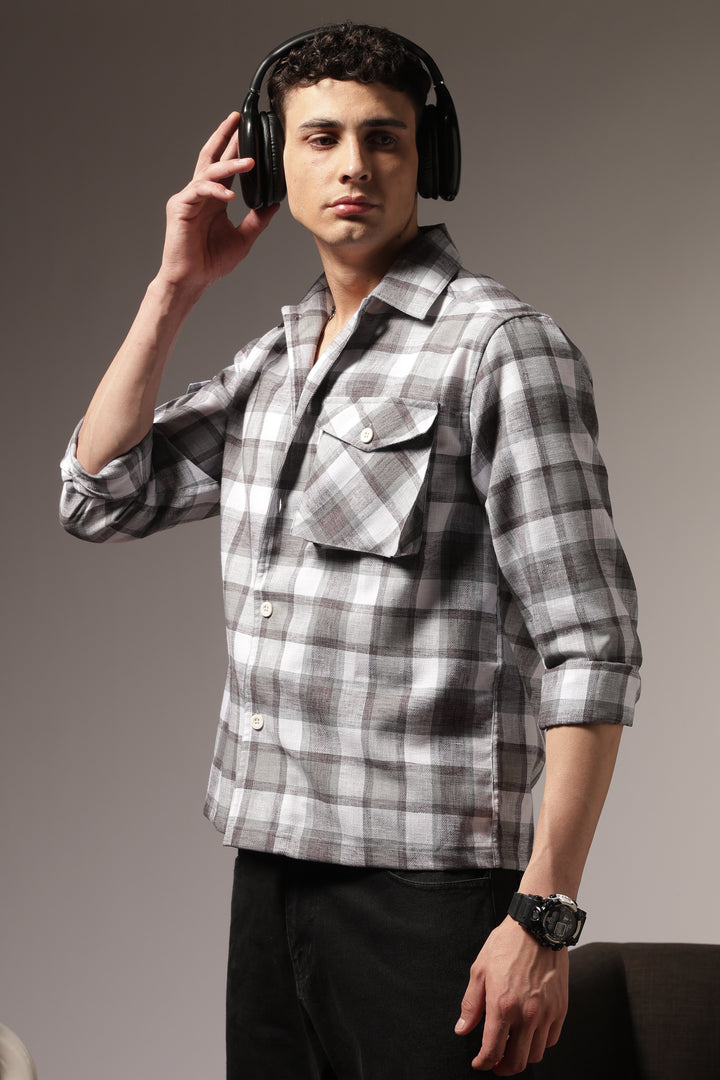 Plaid: Grey Checks Cargo Pocket Shirt