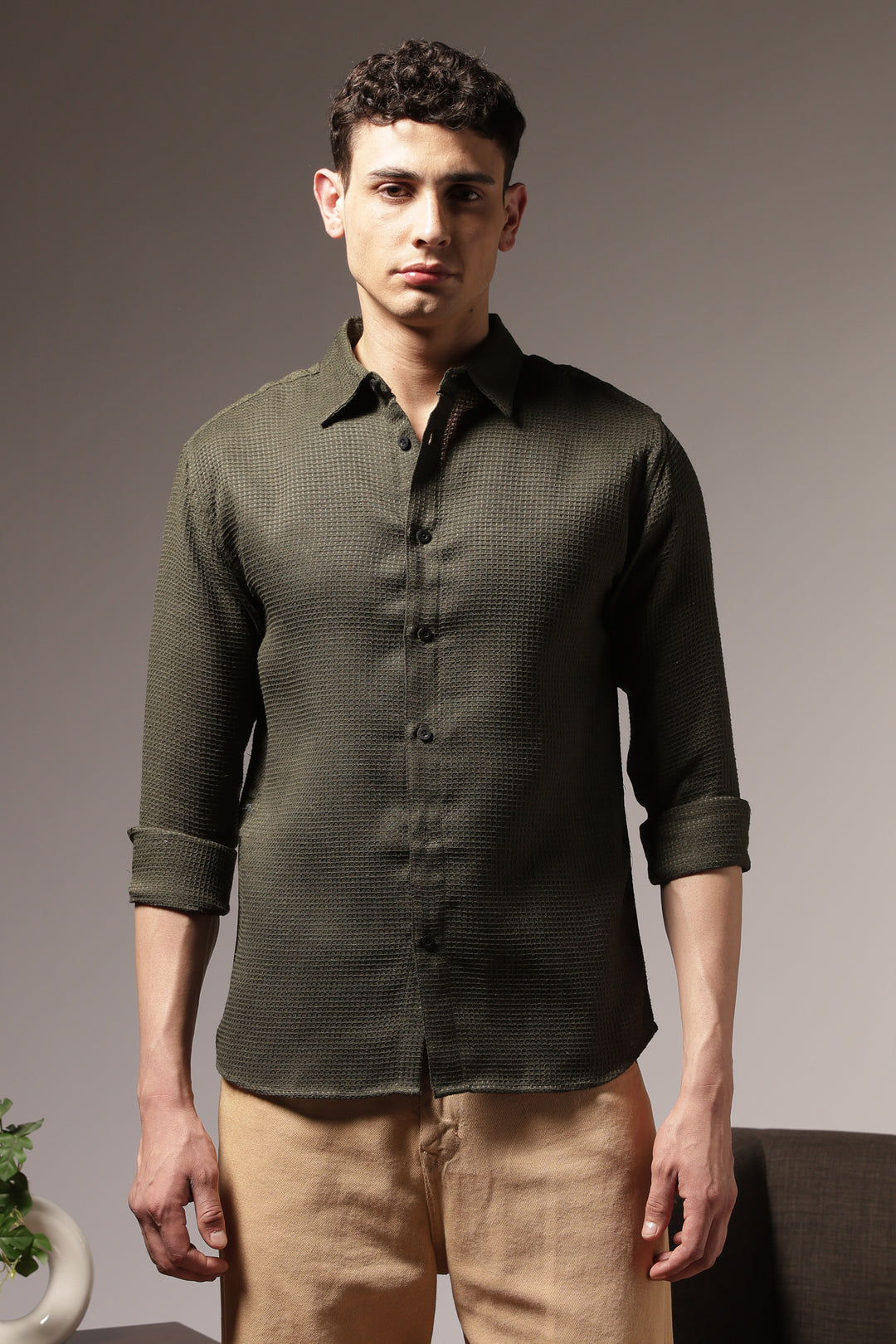 Solids Olive : Textured Fabric Shirt