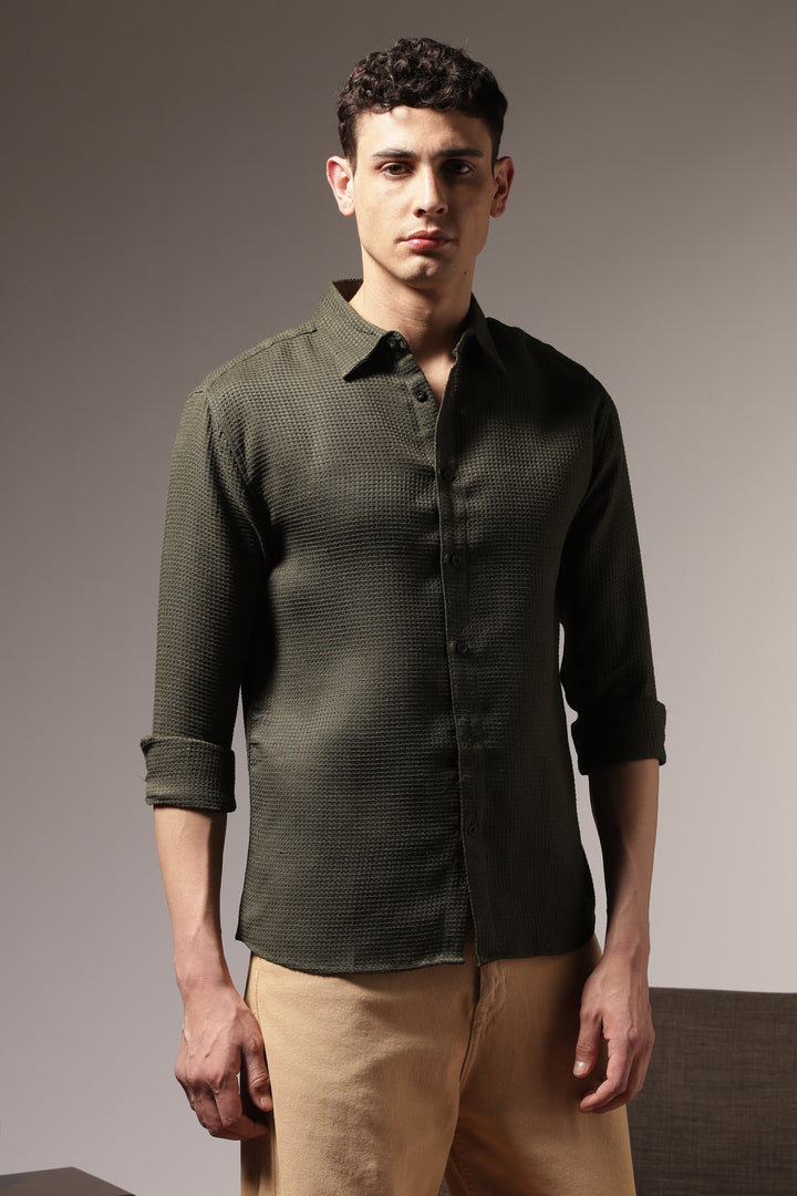 Solids Olive : Textured Fabric Shirt