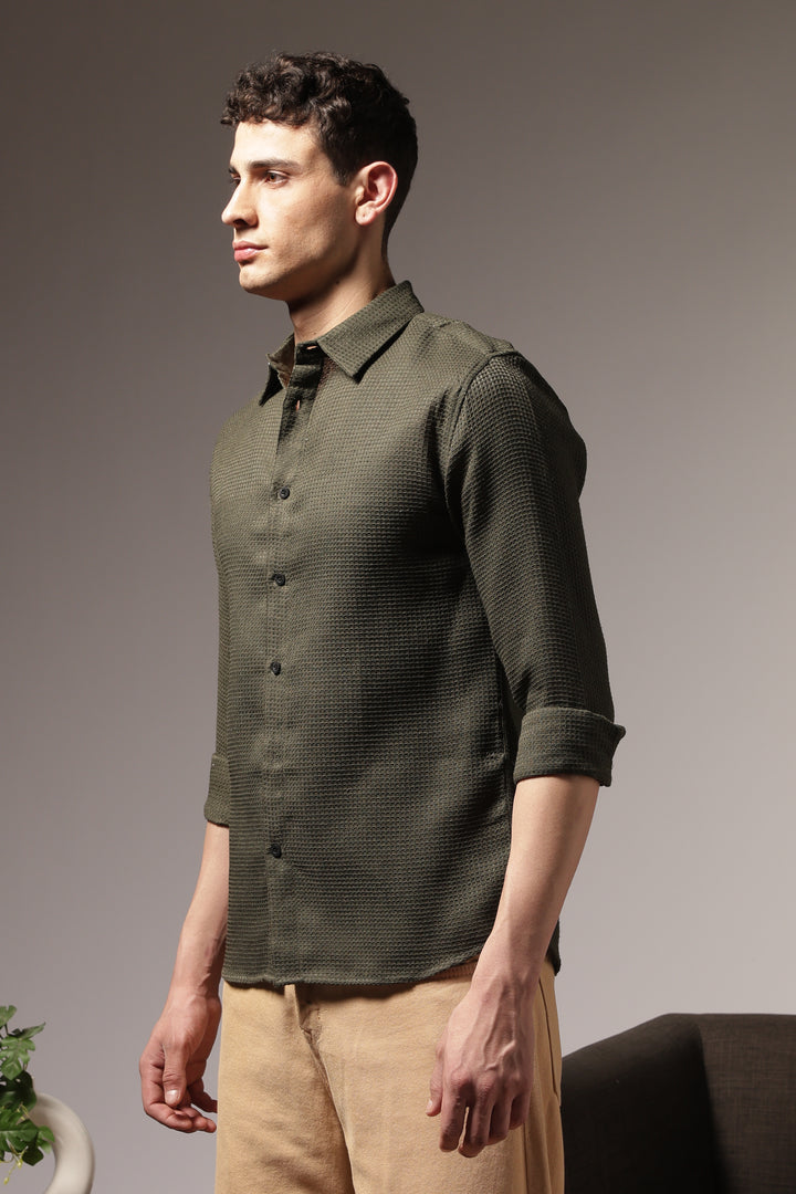 Solids Olive : Textured Fabric Shirt