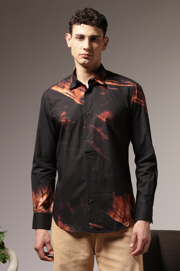 Molten rock : Black Printed Cotton Shirt