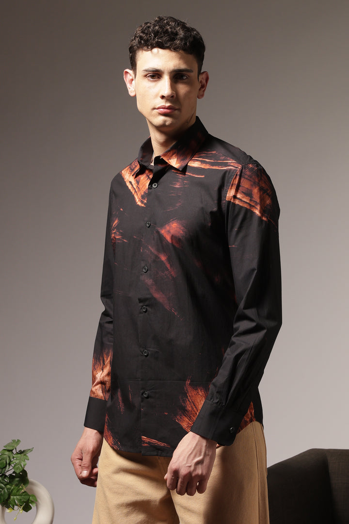 Molten rock : Black Printed Cotton Shirt