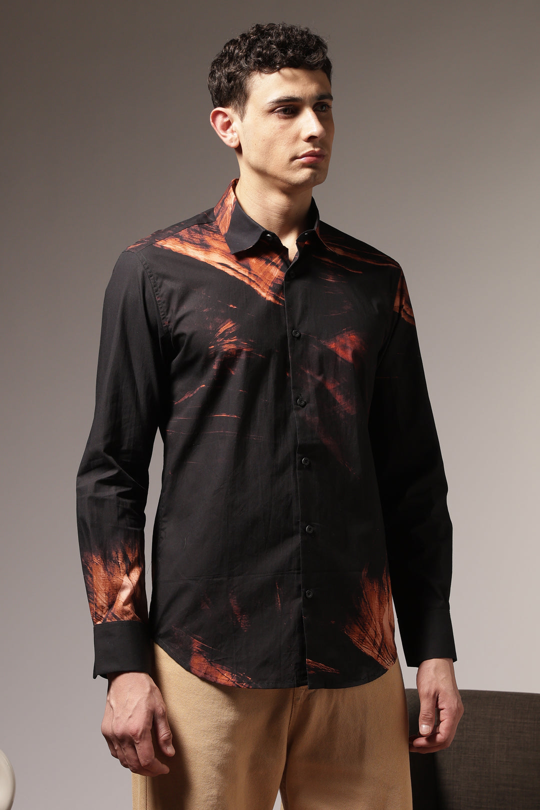 Molten rock : Black Printed Cotton Shirt