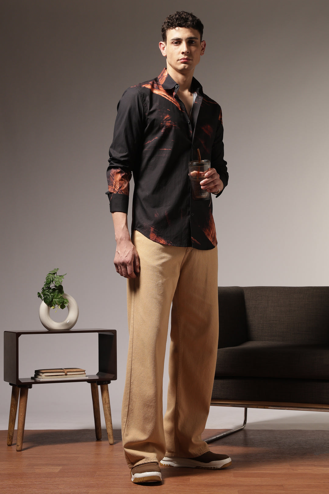 Molten rock : Black Printed Cotton Shirt