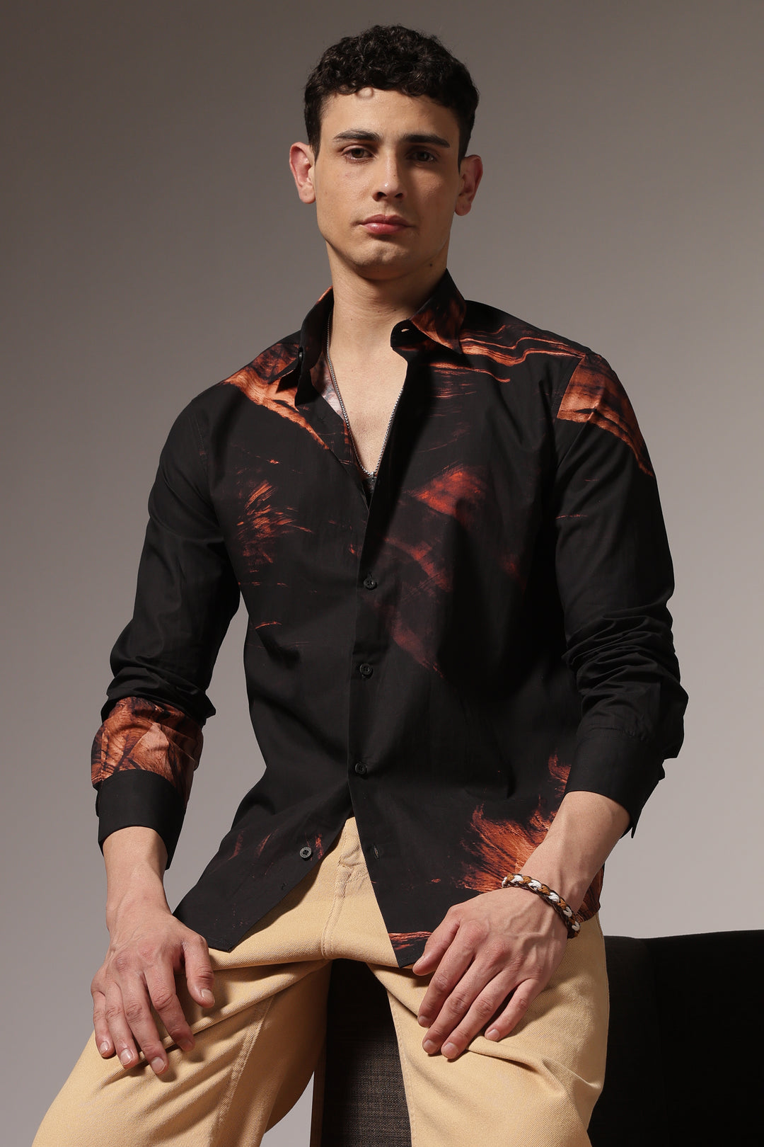 Molten rock : Black Printed Cotton Shirt