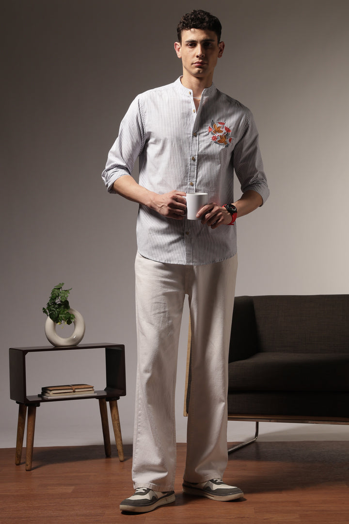 Songbird : Mandarin Collar Embroidery Shirt