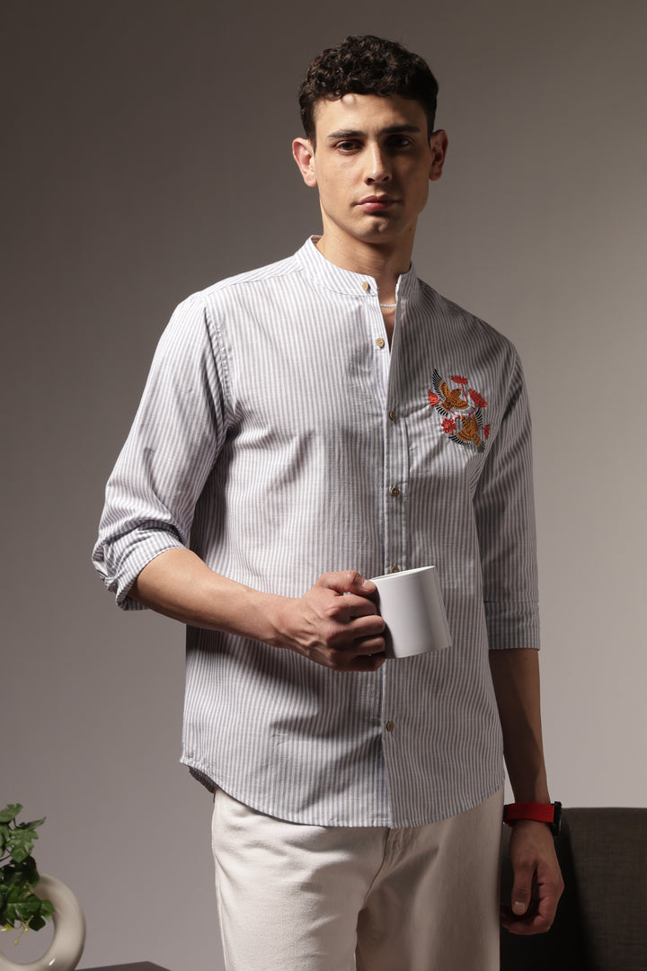 Songbird : Mandarin Collar Embroidery Shirt