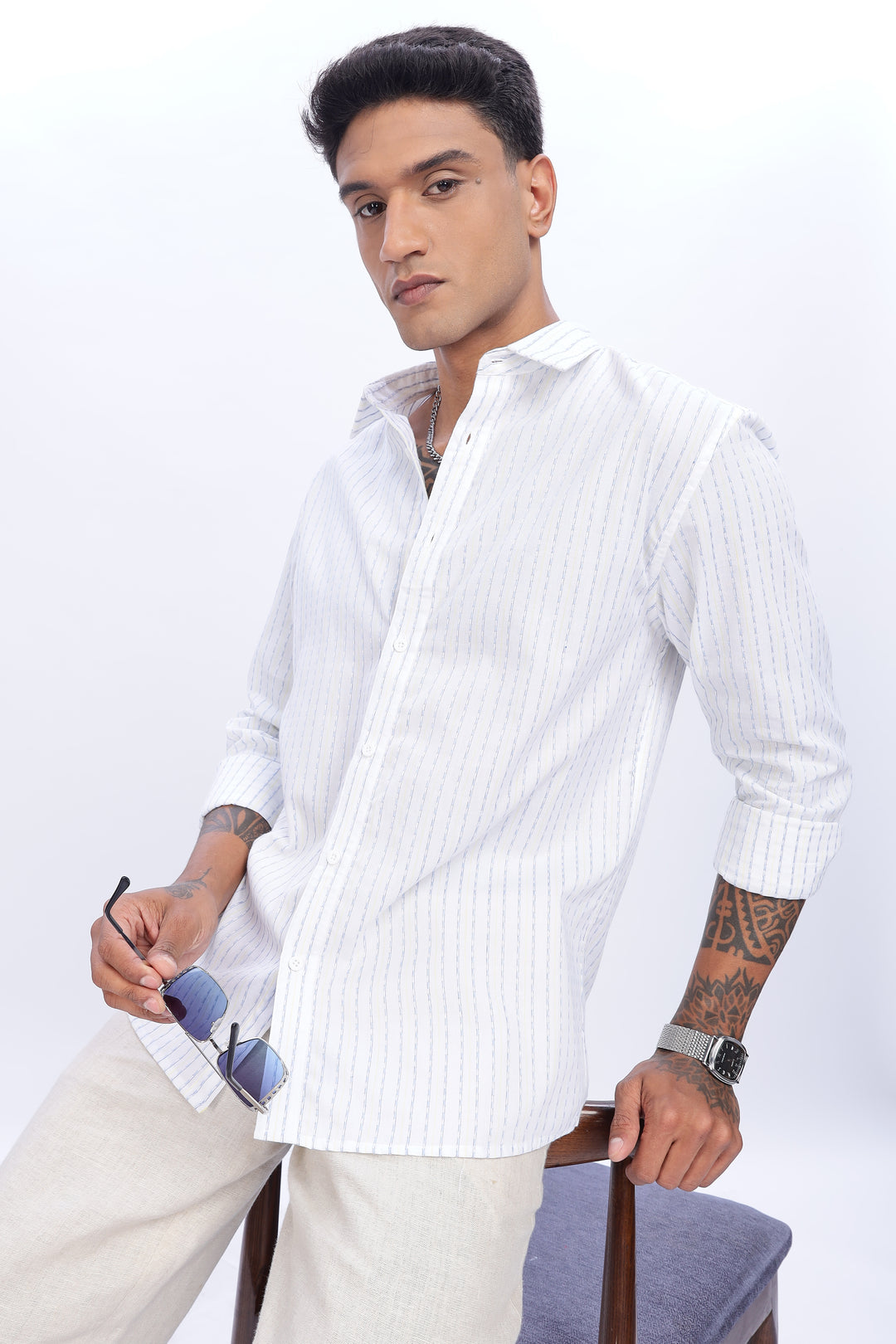 Self Striped White Shirt