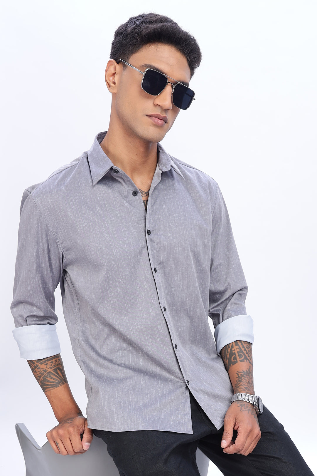 Printed Slim Fit Grey Shirt