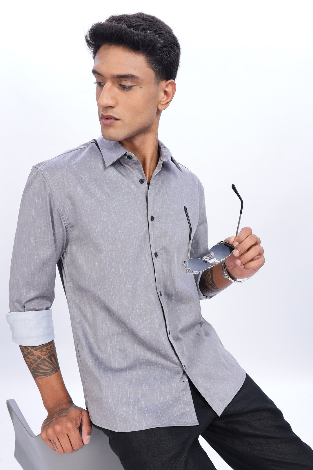 Printed Slim Fit Grey Shirt