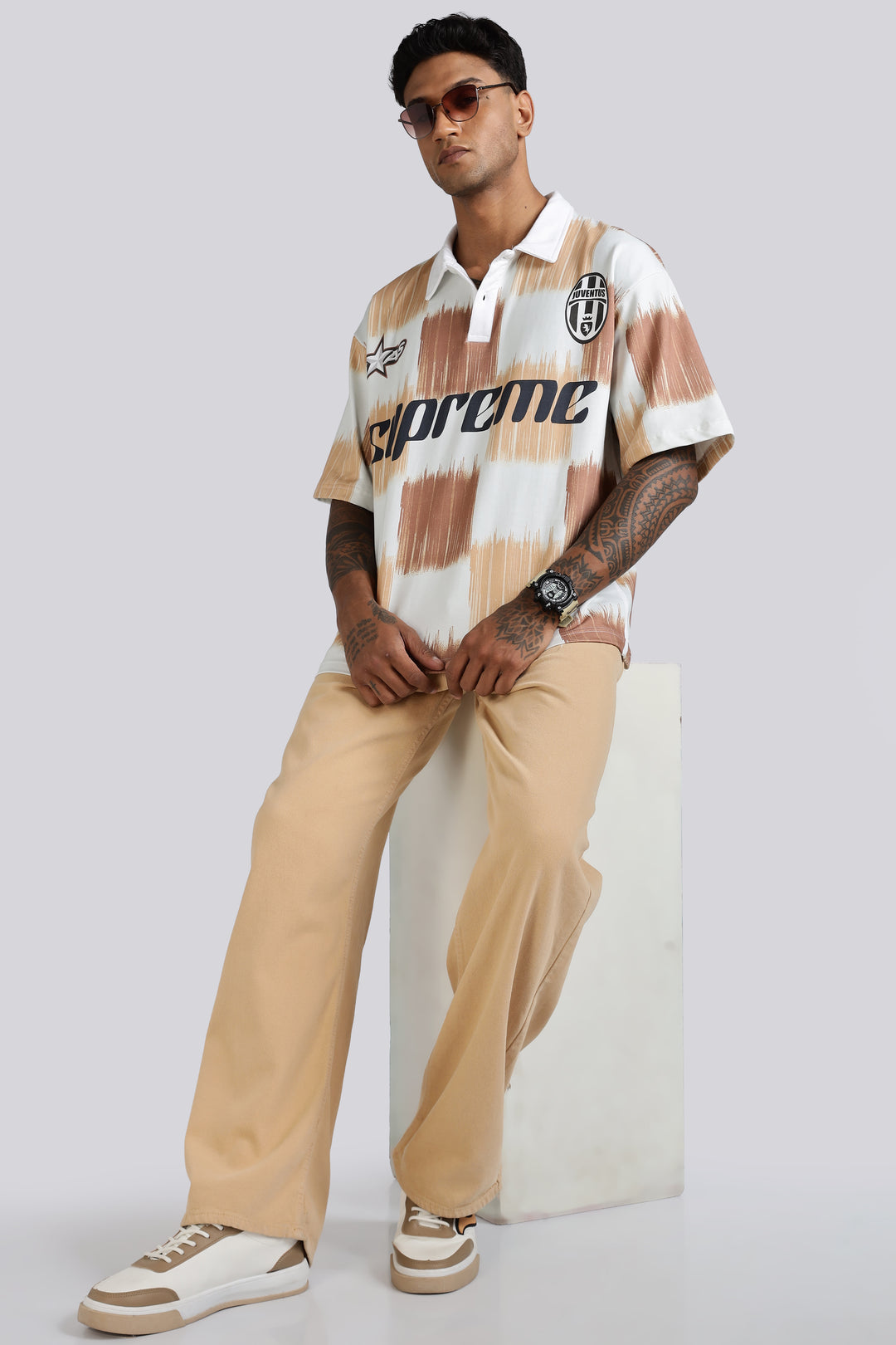 Brown Scribble: Oversized Polo Shirt