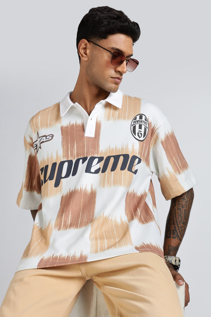 Brown Scribble: Oversized Polo Shirt