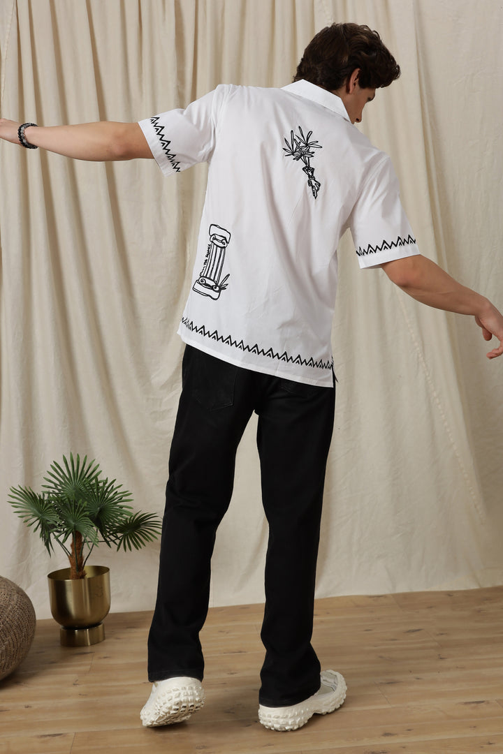 Desire: Embroidery White Cotton Cuban Shirt