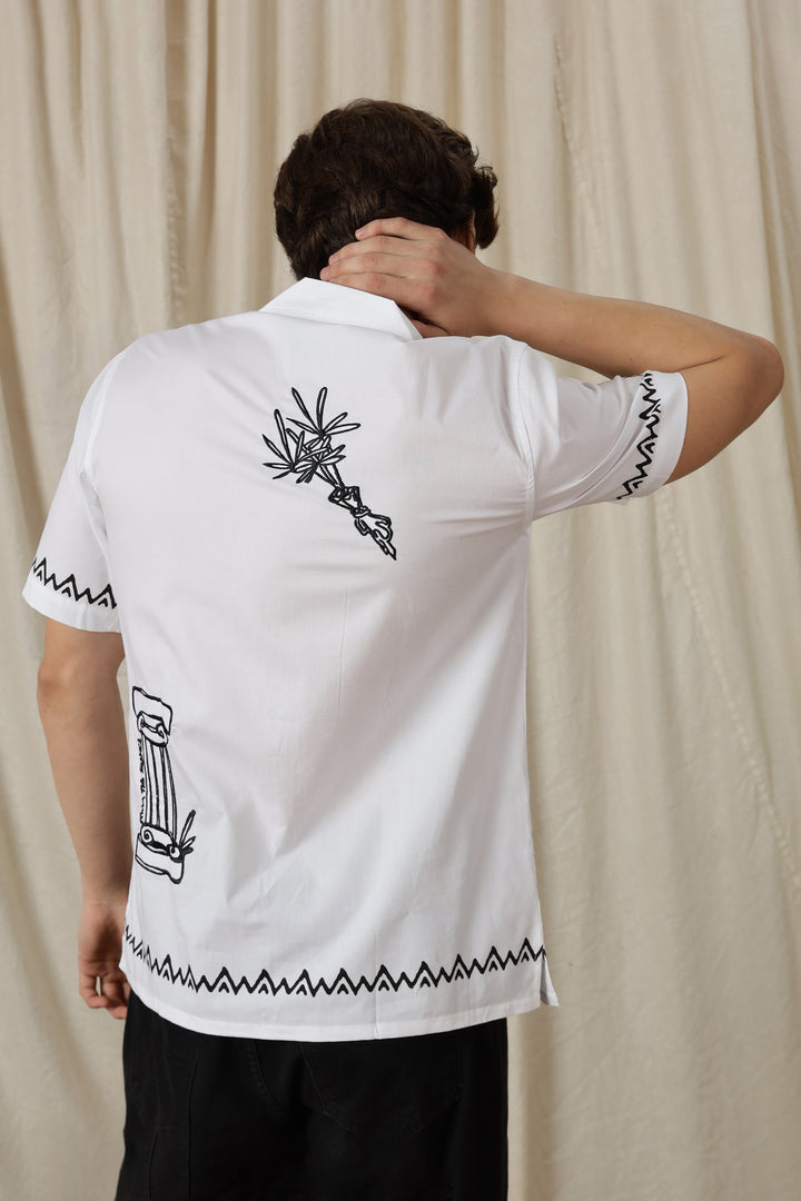 Desire: Embroidery White Cotton Cuban Shirt