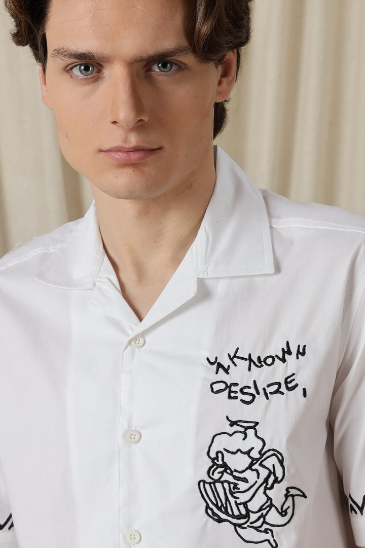 Desire: Embroidery White Cotton Cuban Shirt
