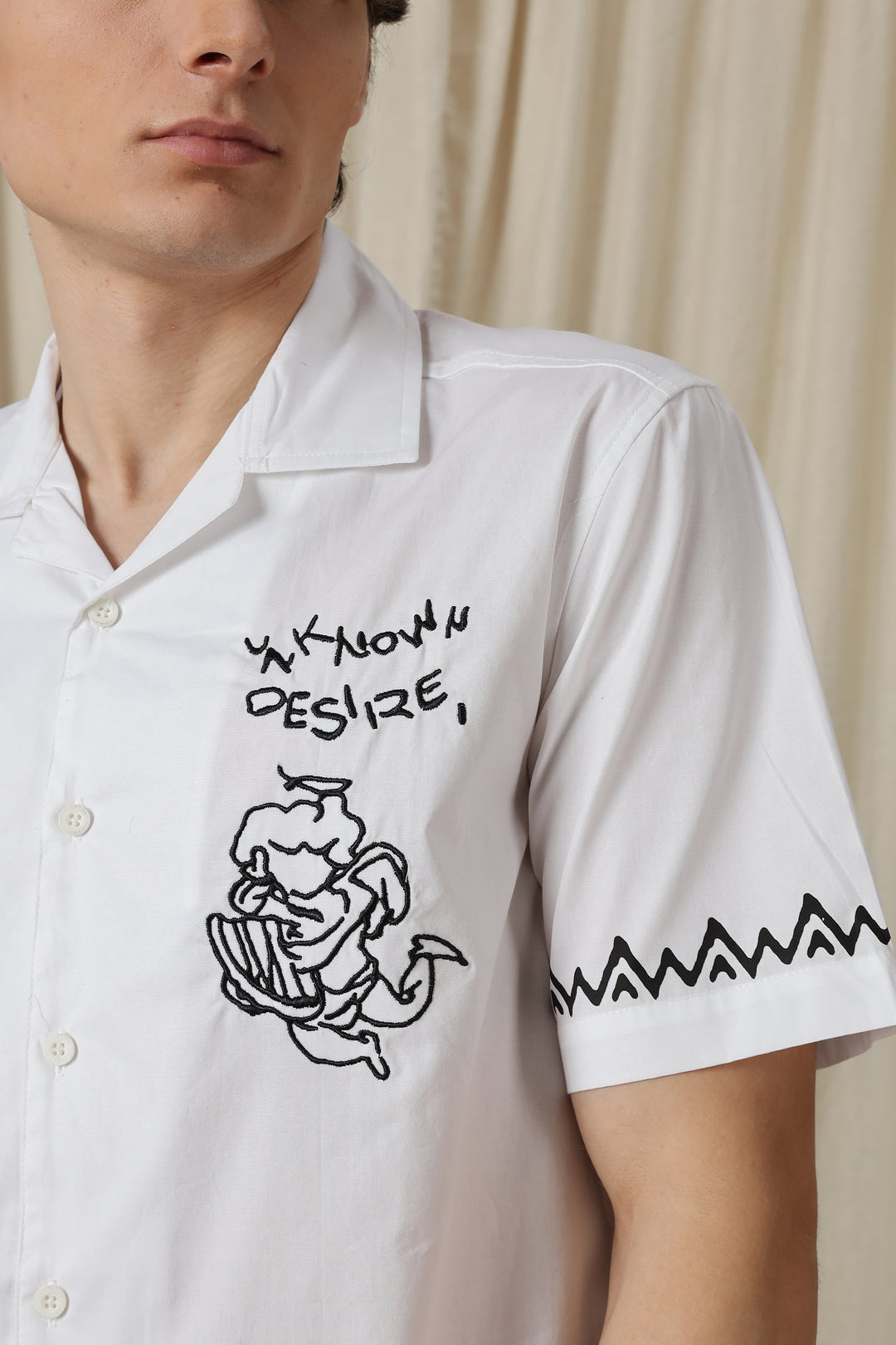 Desire: Embroidery White Cotton Cuban Shirt