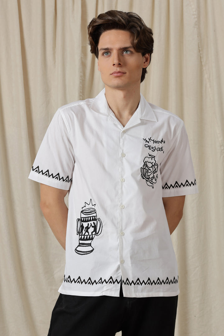 Desire: Embroidery White Cotton Cuban Shirt