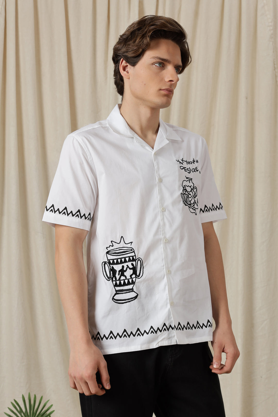 Desire: Embroidery White Cotton Cuban Shirt