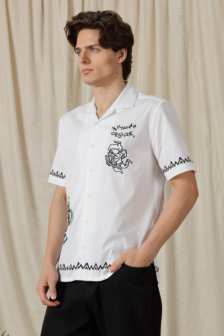 Desire: Embroidery White Cotton Cuban Shirt