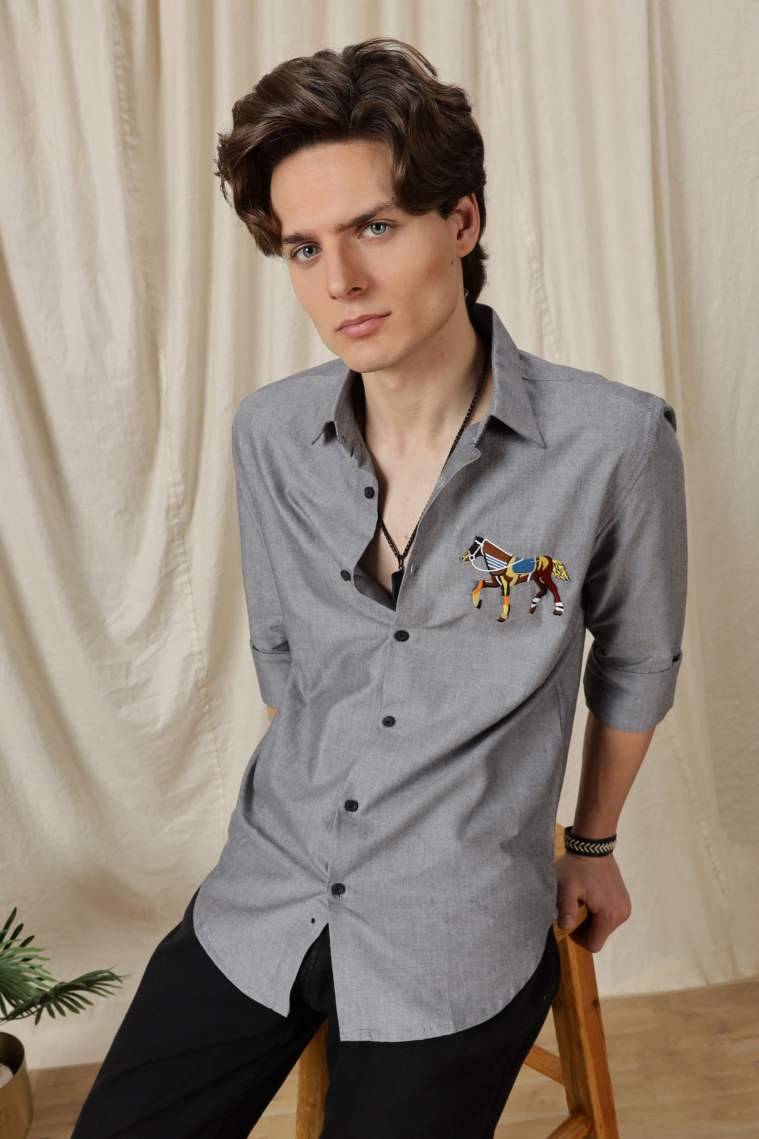 Abstract Horse: Grey Embroidery Shirt