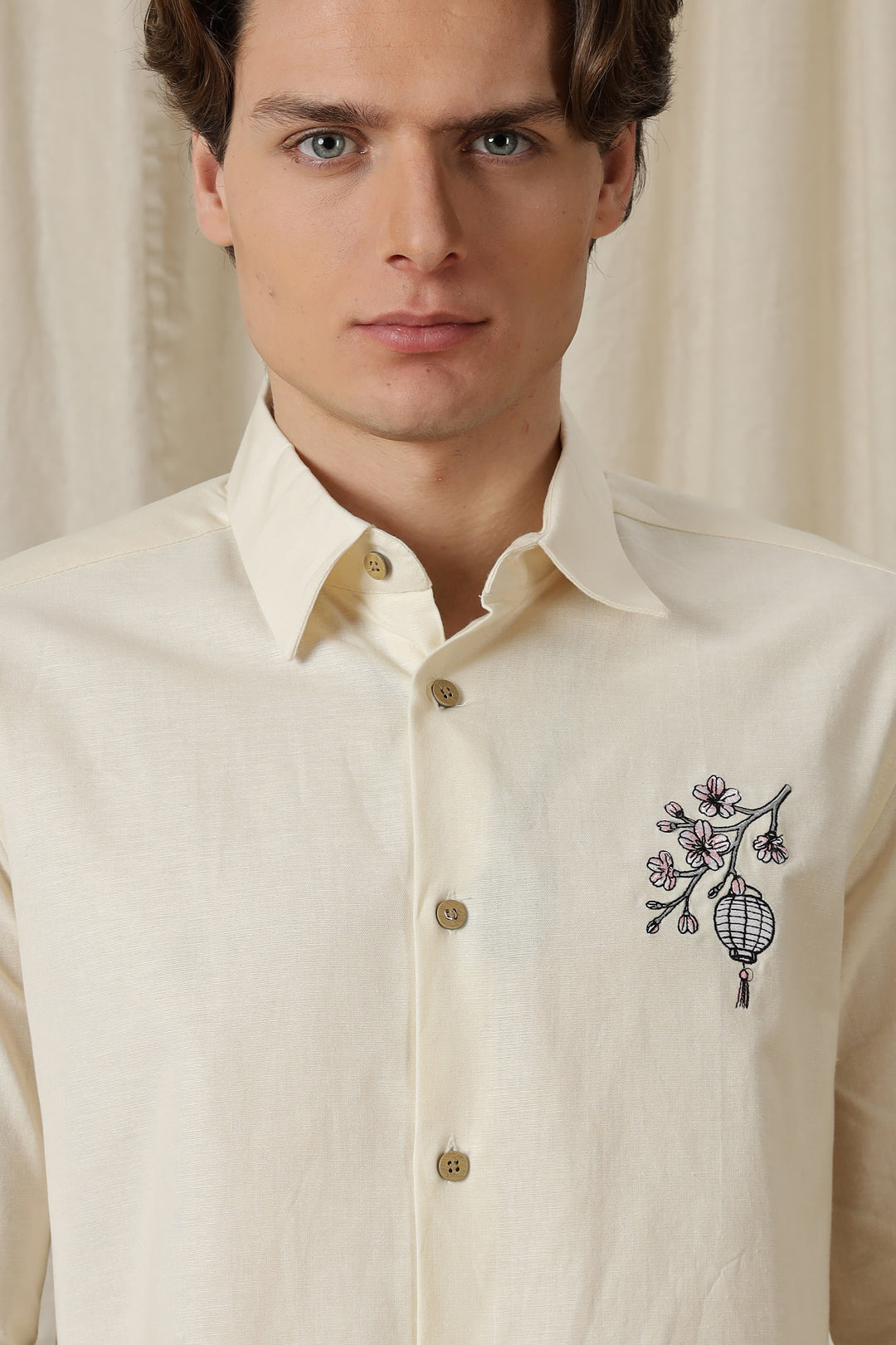 Japanese Lantern: Embroidery Linen Cream Shirt