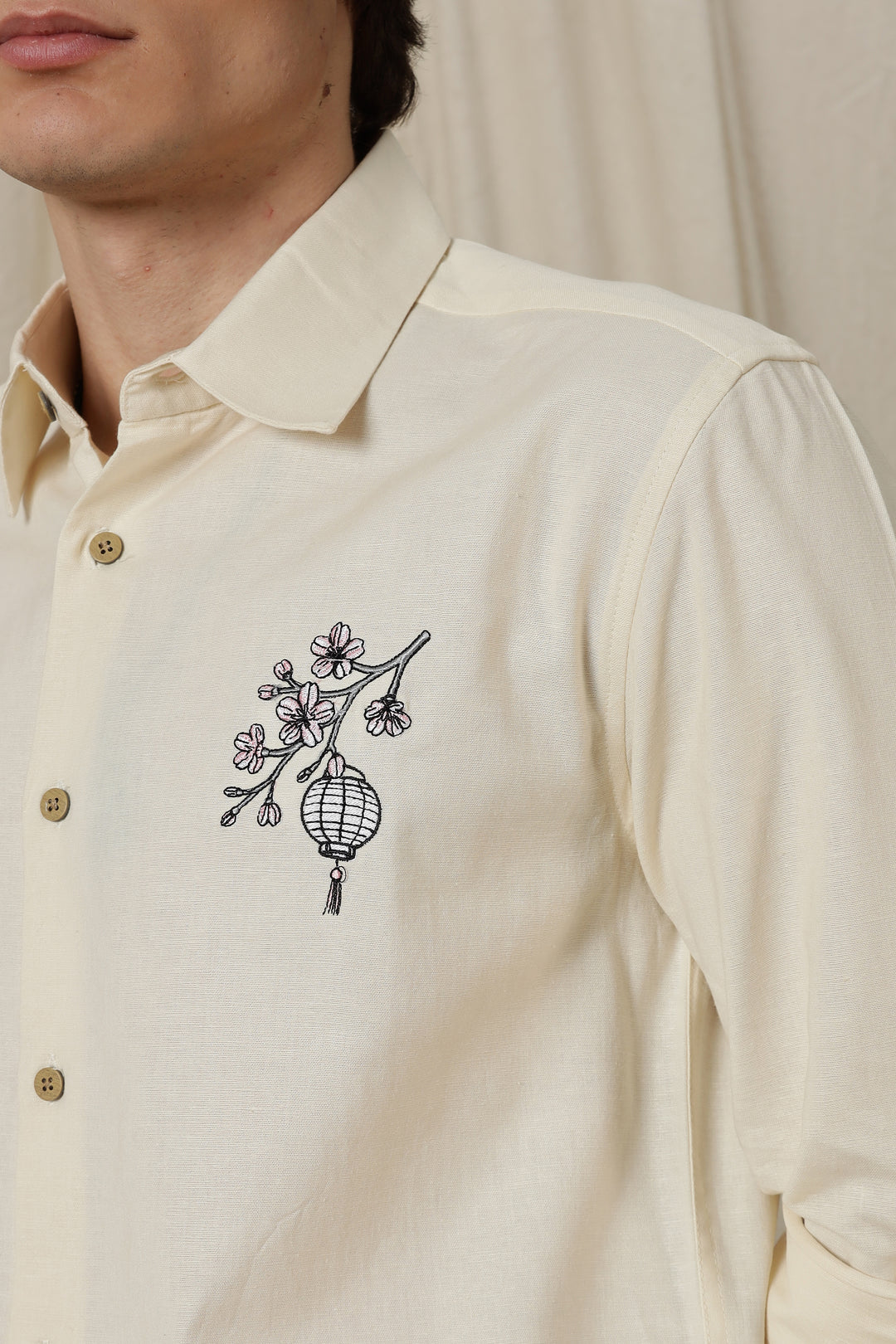 Japanese Lantern: Embroidery Linen Cream Shirt