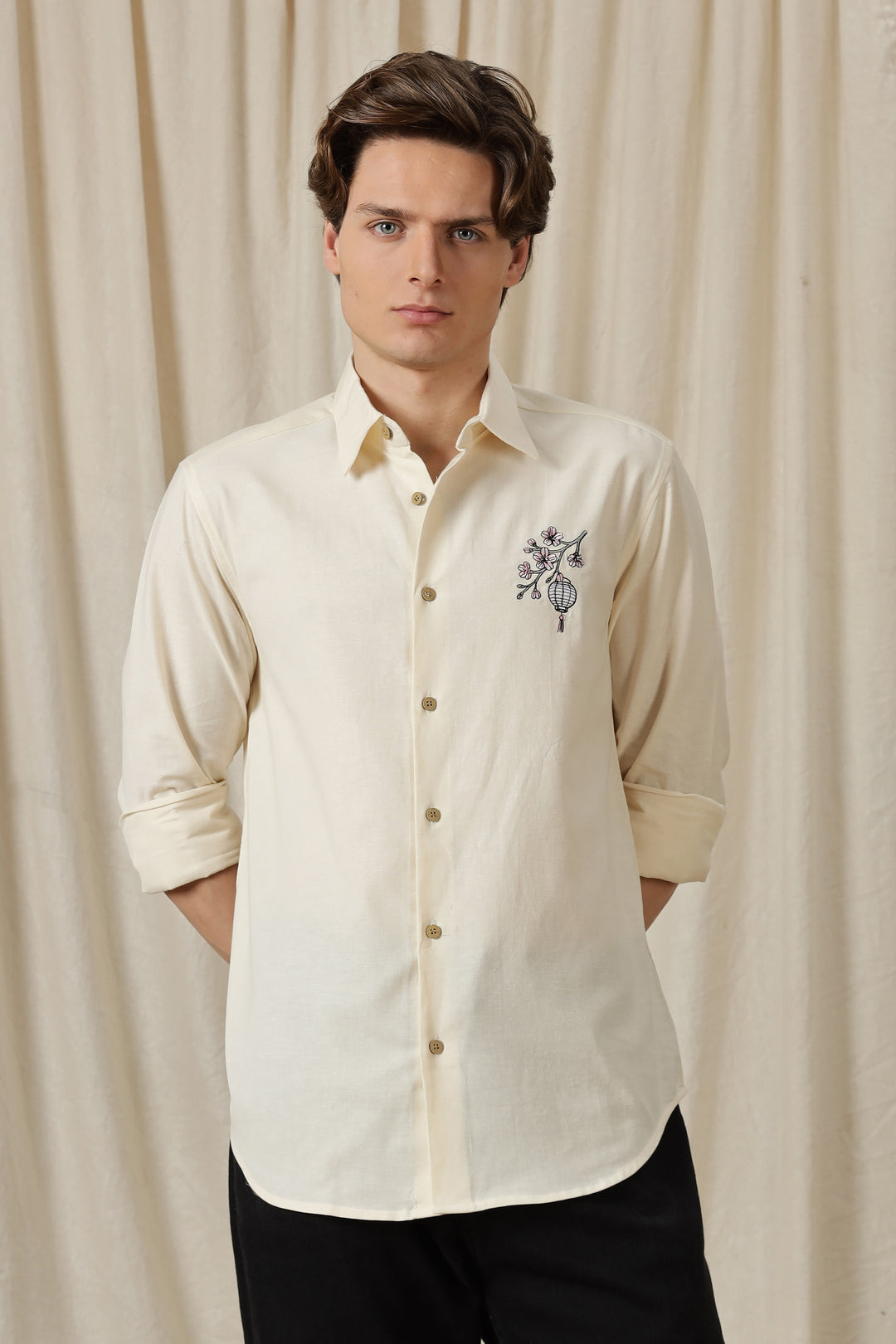 Japanese Lantern: Embroidery Linen Cream Shirt
