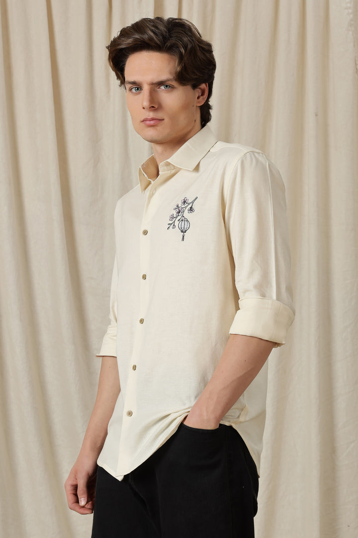 Japanese Lantern: Embroidery Linen Cream Shirt