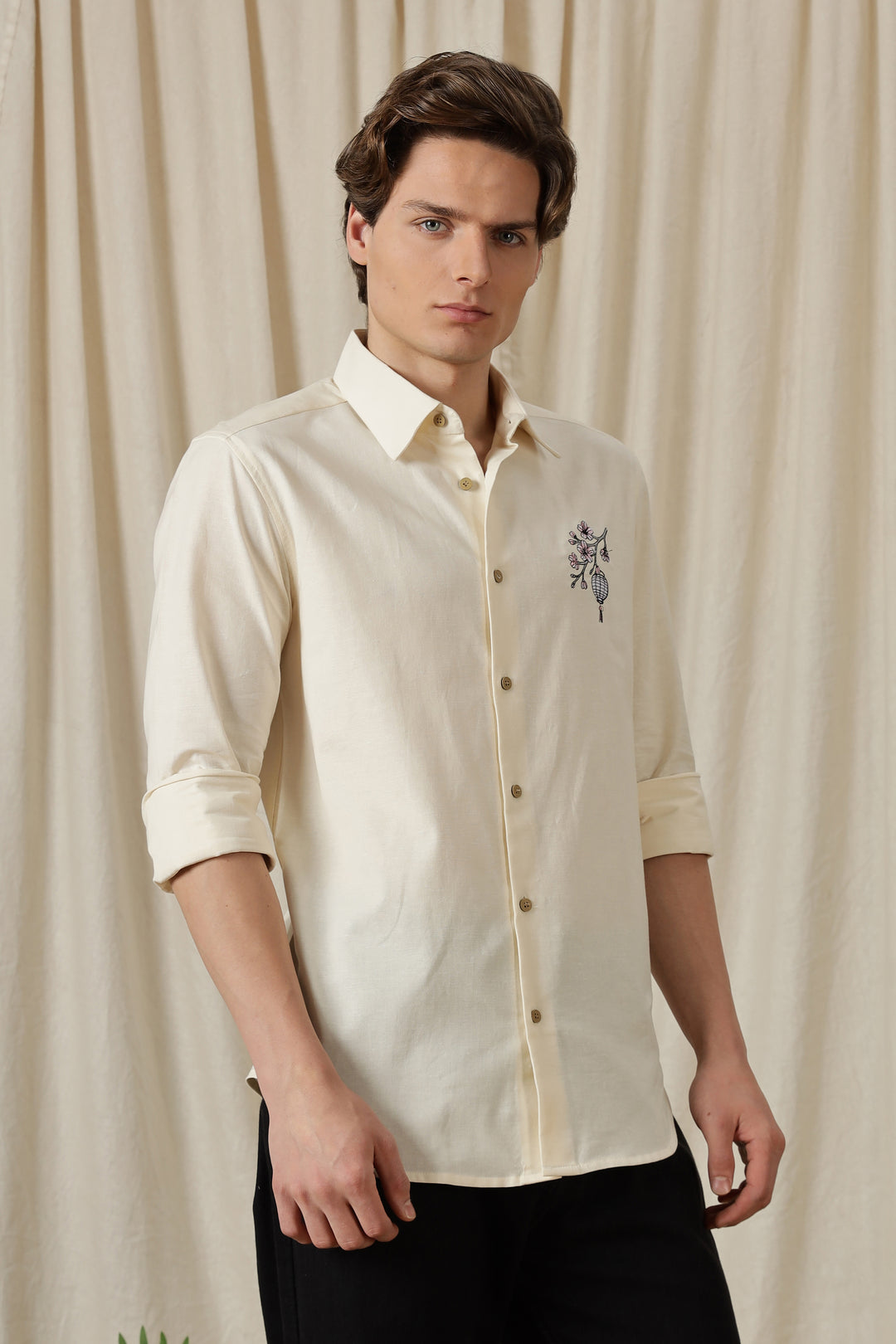 Japanese Lantern: Embroidery Linen Cream Shirt